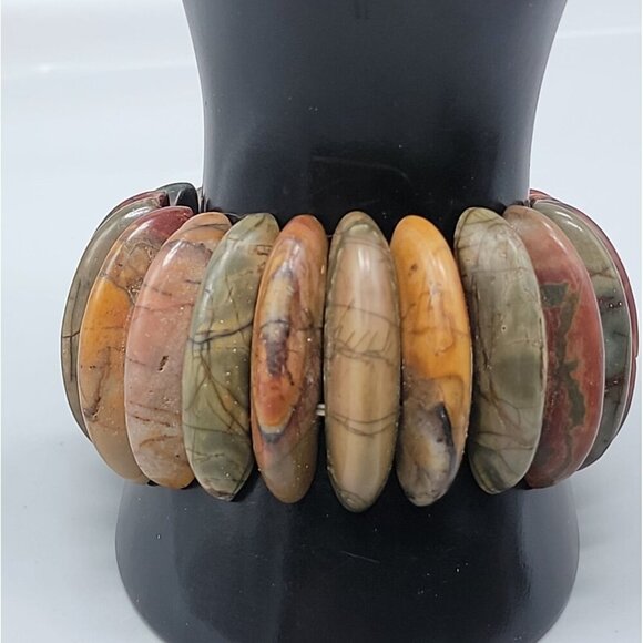 Natural Jasper Stretch Bracelet Multicolor Half Moon Wedges Green Red Orange 8" - Picture 6 of 15